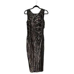 Zara Dress Size M Black Beaded Sequined Mesh Sleeveless Draped Back Cocktail